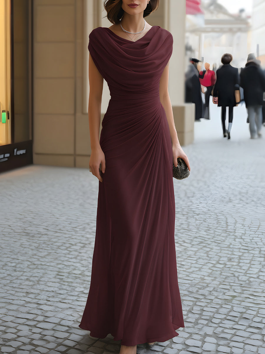 Women's Maxi Dress Cowl Neck Ruched Design Wedding Guest Outfit