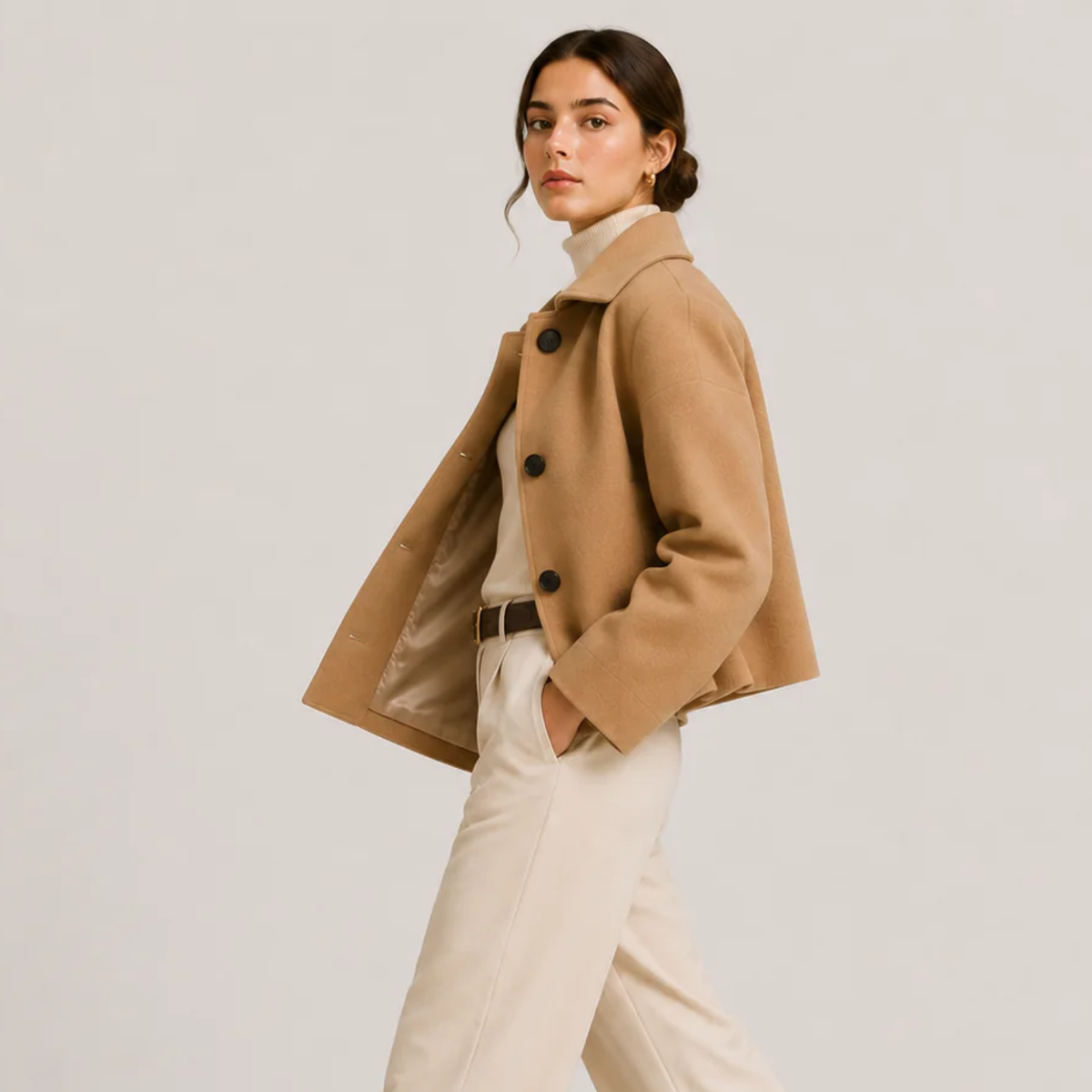 Women's Button Front Jacket Camel Collared Relaxed Fit Winter Outerwear