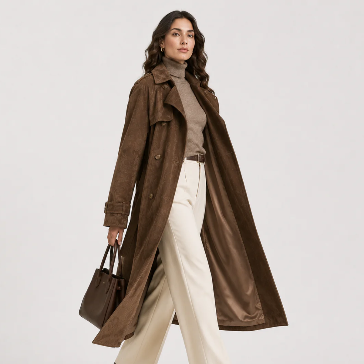Women's Double Breasted Suede Trench Coat Belted Floral Long Winter Outerwear