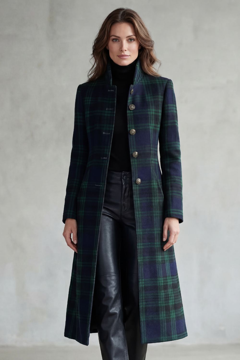 Women's Tartan Plaid Long Coat Stand Collar Button-Front Wool Blend Winter