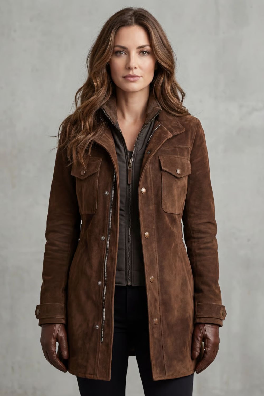 Women's Suede Longline Coat Button-Front Collared Casual Trench