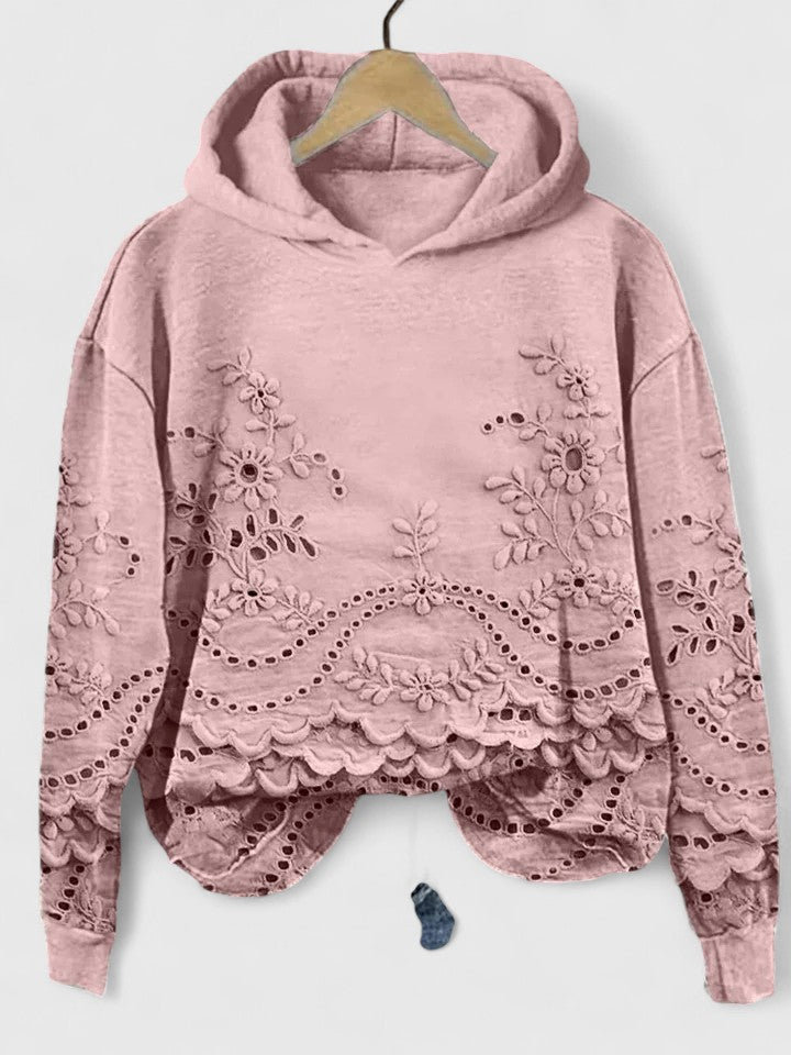 Women's Floral Embroidered Eyelet Lace Hoodie Long Sleeve Scalloped Hem Casual