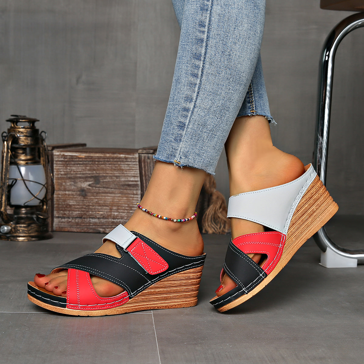 Women's Wedge Slides Two-Tone Cross Strap Open Toe Summer Sandals