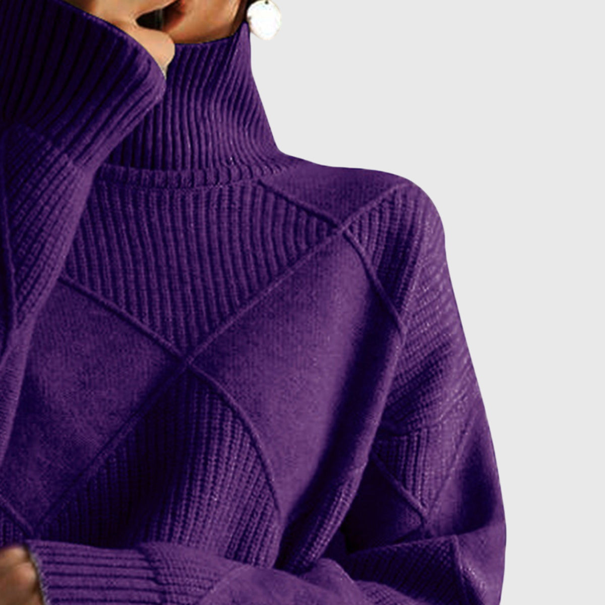 Women's Turtleneck Sweater Argyle Textured Long Sleeve Knit Pullover Winter