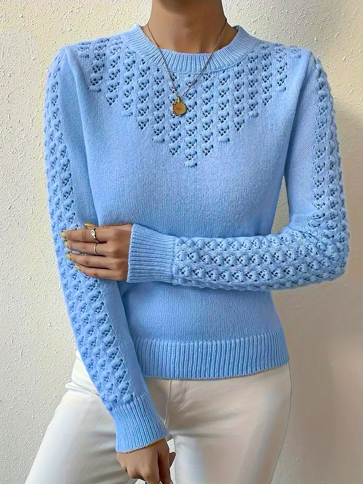 Women's Pointelle Crew Neck Sweater Long Sleeve Knit Casual Pullover