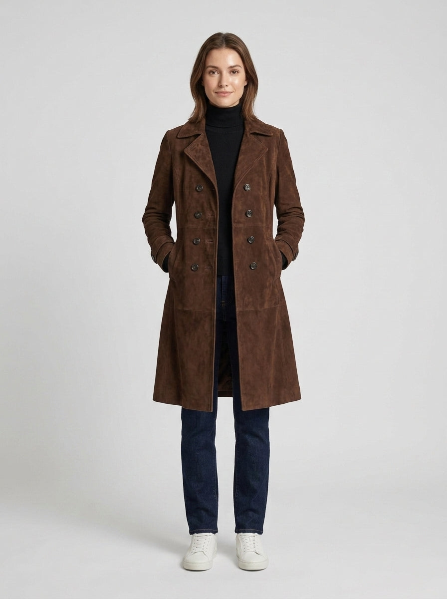 Women's Suede Longline Coat Button-Front Double-Breasted Lapel Winter