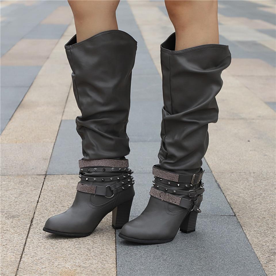 Women's Slouch Knee High Boots Studded Strap Buckle Block Heel Western