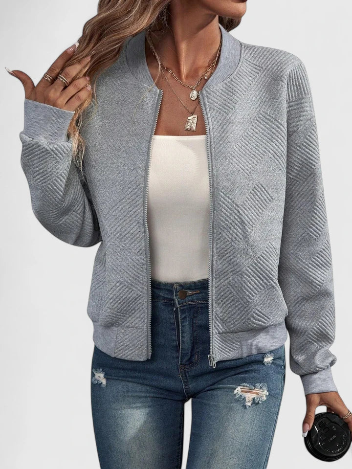 Women's Bomber Jacket Zip-Up Textured Long Sleeve Ribbed Casual Lightweight