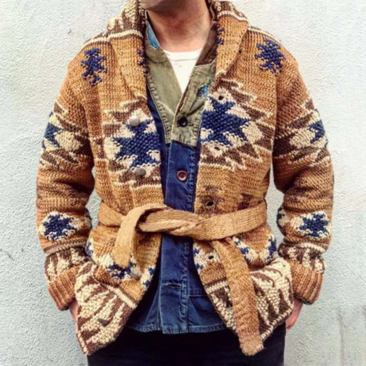 The Positano Men's Jacquard Retro Casual Thick Cardigan Knit Sweater
