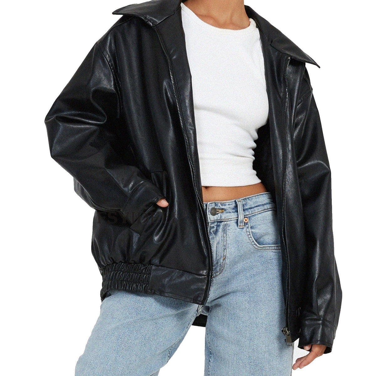 Women's Oversized Bomber Jacket Zip-Front Collared Long Sleeve Casual