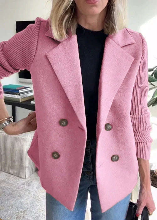 Women's Double Breasted Coat Notch Lapel Ribbed Sleeve Casual Winter Jacket