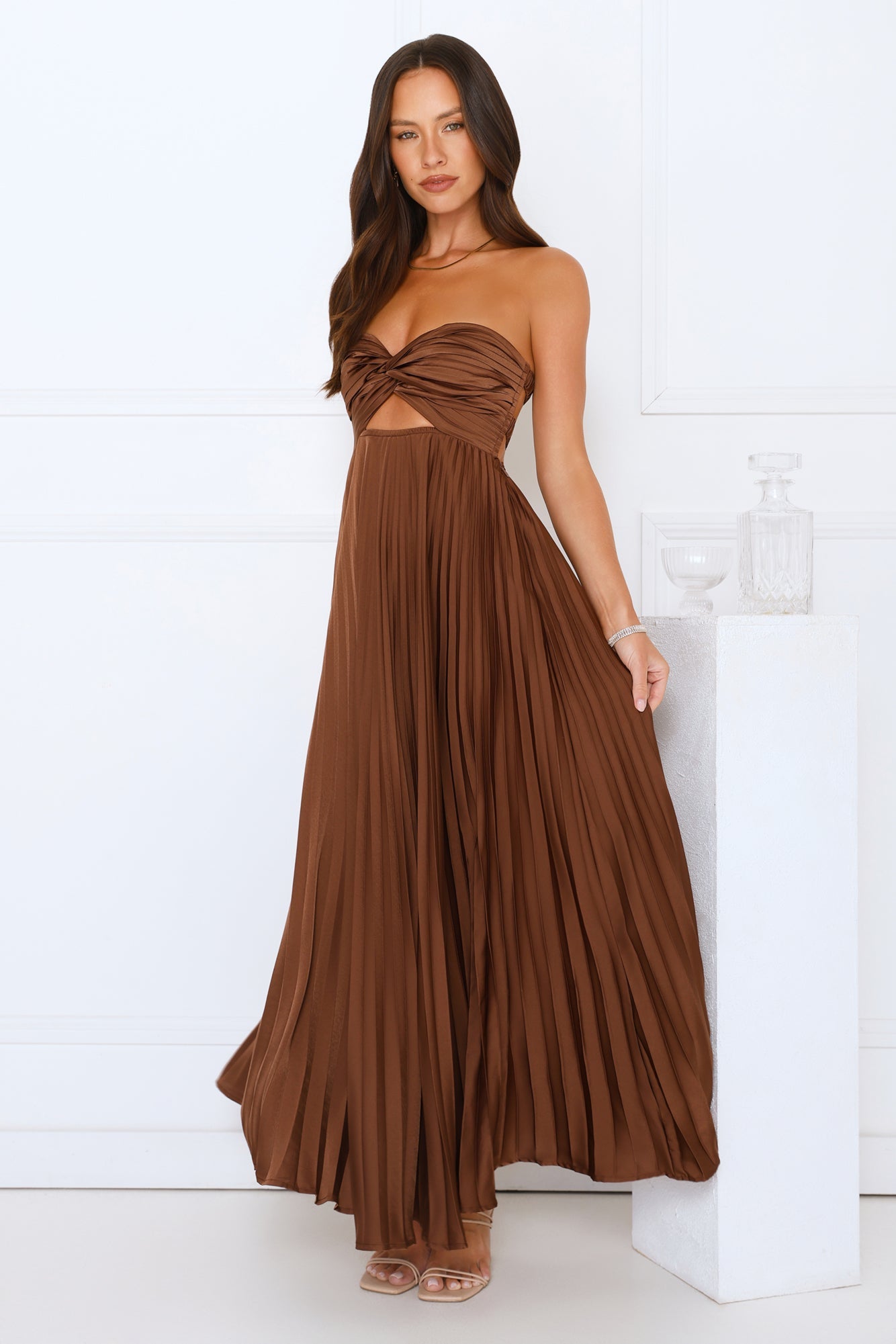 Women's Strapless Maxi Dress Twist Front Cutout Pleated Satin Formal