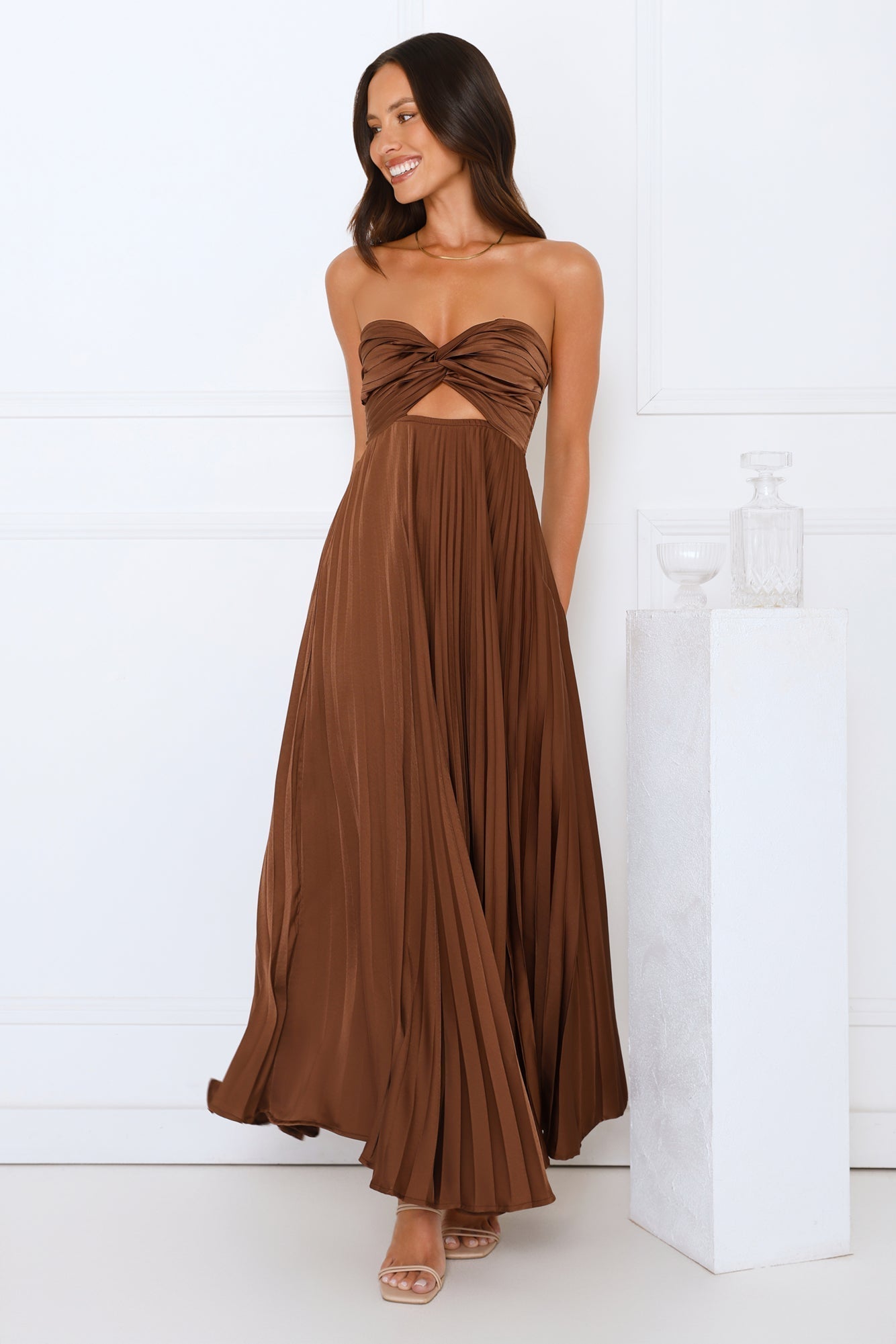 Women's Strapless Maxi Dress Twist Front Cutout Pleated Satin Formal