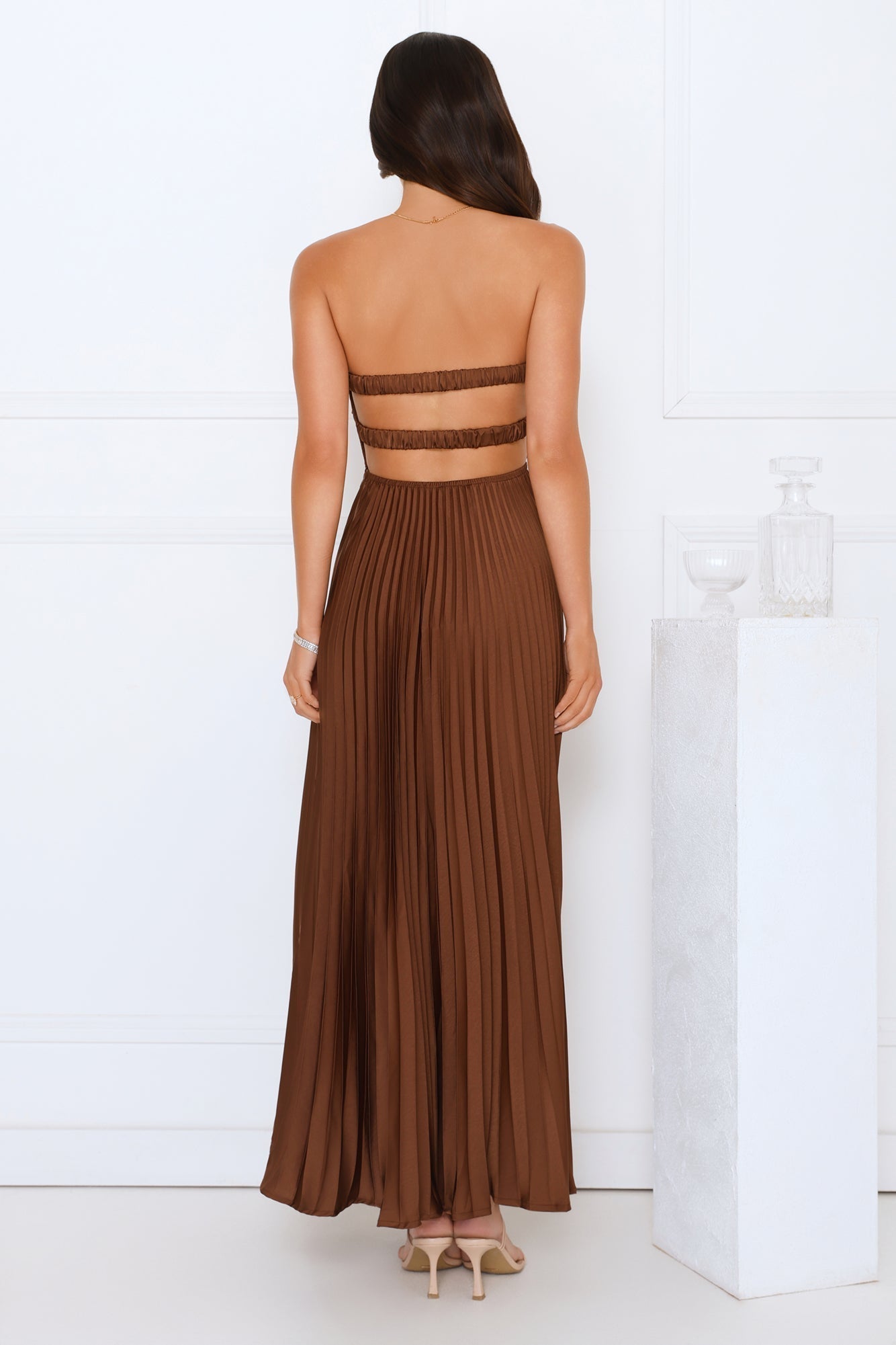 Women's Strapless Maxi Dress Twist Front Cutout Pleated Satin Formal