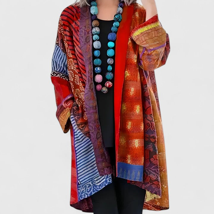 Women's Open Front Cardigan Long Sleeve Patchwork Print Draped Casual Kimono