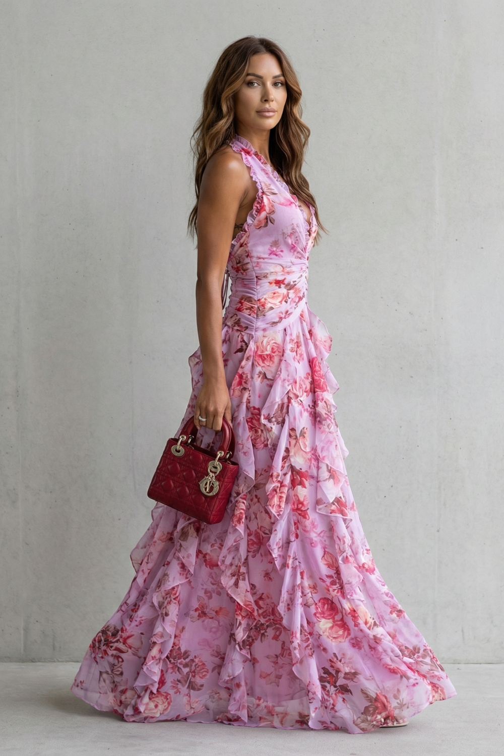 Women's Floral Halter Maxi Dress V-Neck Ruffle Backless Beach Party Gown