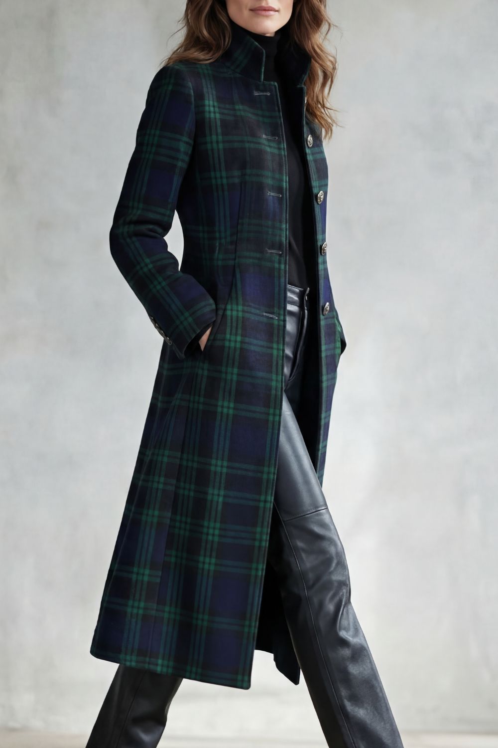 Women's Tartan Plaid Long Coat Stand Collar Button-Front Wool Blend Winter