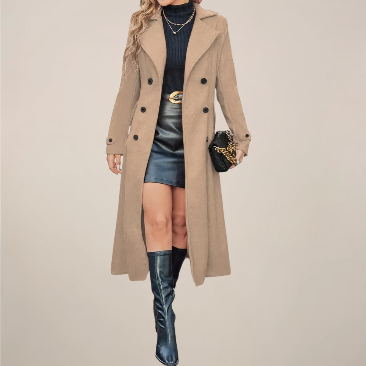 Women’s Double-Breasted Long Overcoat - Stylish Lapel Design for Fall & Winter Wear