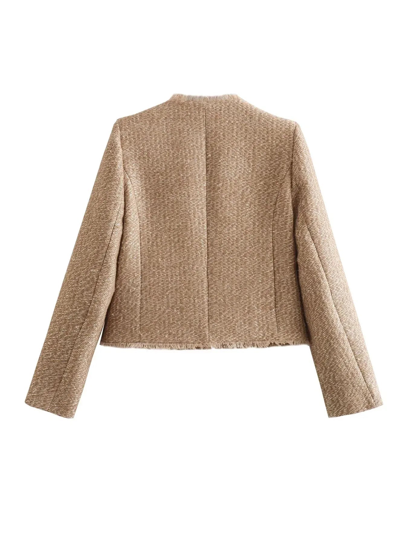 Women's Cropped Tweed Blazer Jacket Gold Button Frayed Trim Long Sleeve Casual