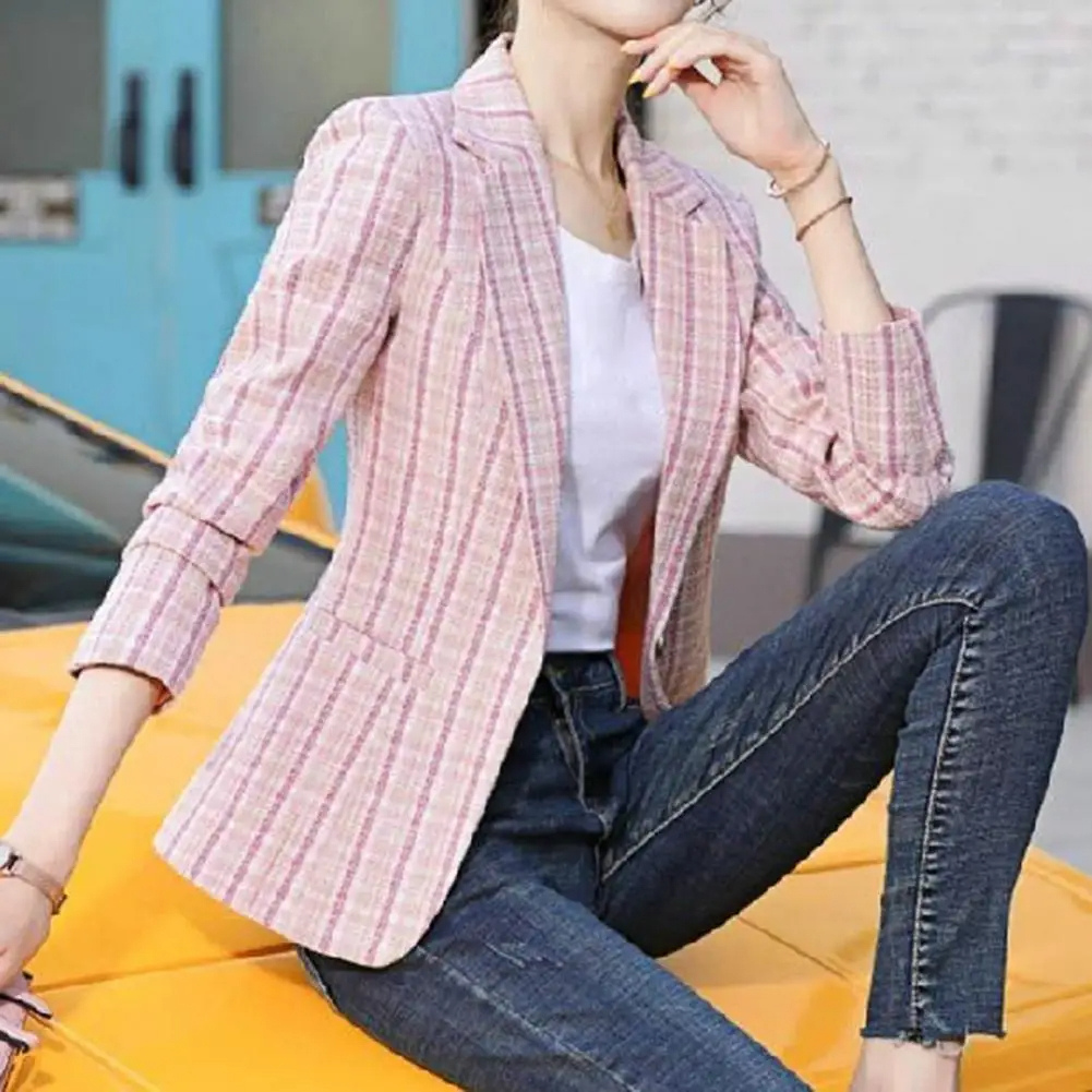 Women's Plaid Blazer Single-Button Notched Lapel Long Sleeve Slim Fit Office Jacket