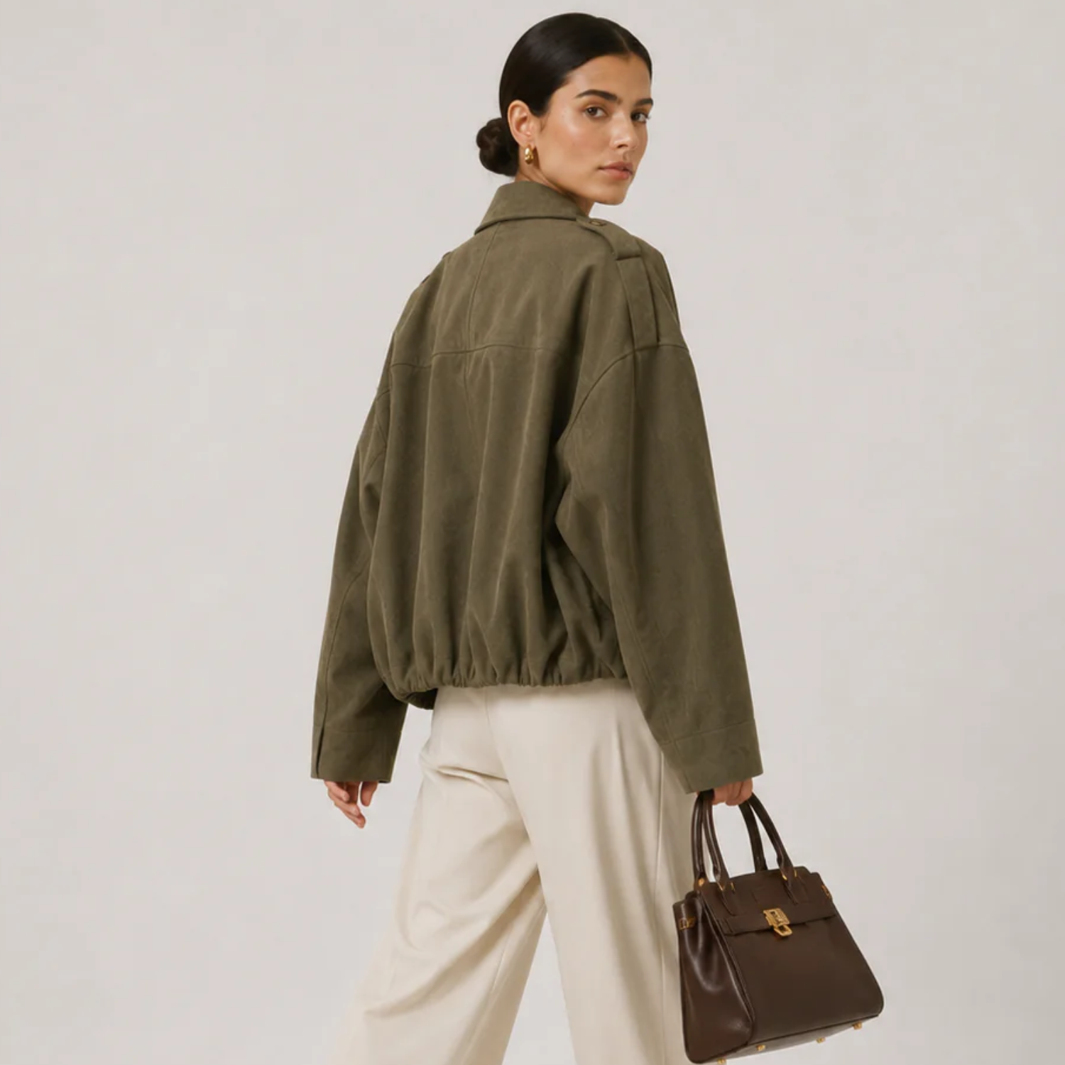 Women's Suede Bomber Jacket Collared Zip-Up Oversized Casual Outerwear