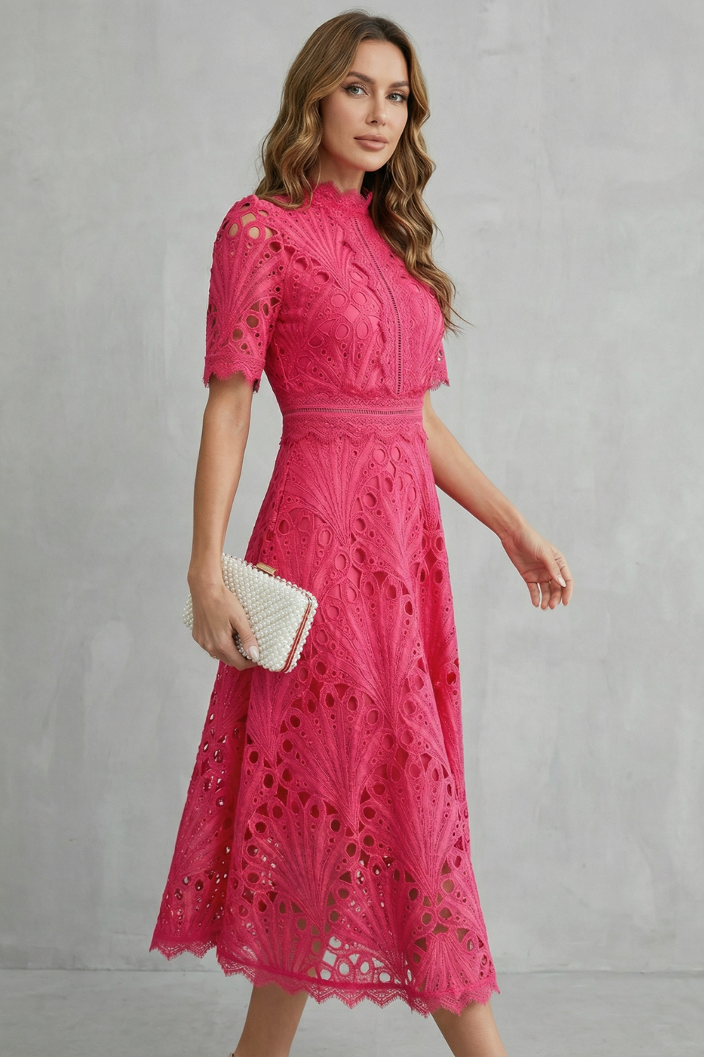 Women's Lace Midi Dress High Neck Short Sleeve Eyelet A-Line Cocktail Party