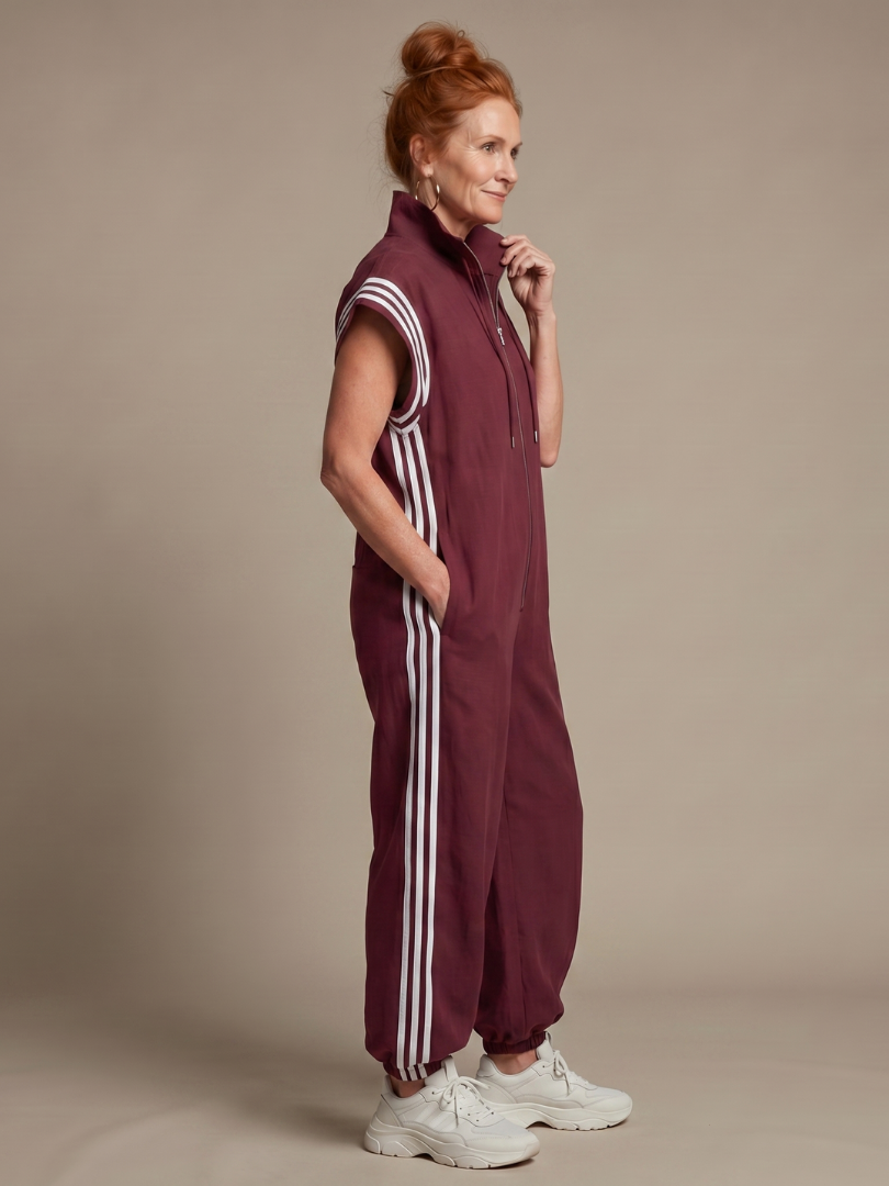 Women's Zip Front Jumpsuit Stripe Panel Sleeveless High Neck Casual
