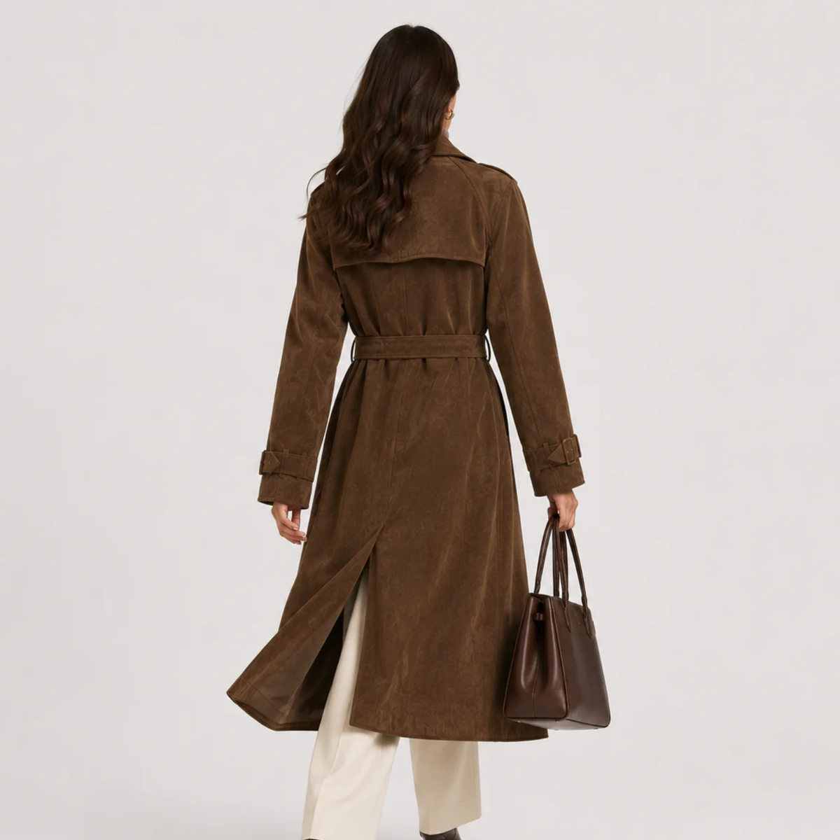 Women's Double Breasted Suede Trench Coat Belted Floral Long Winter Outerwear