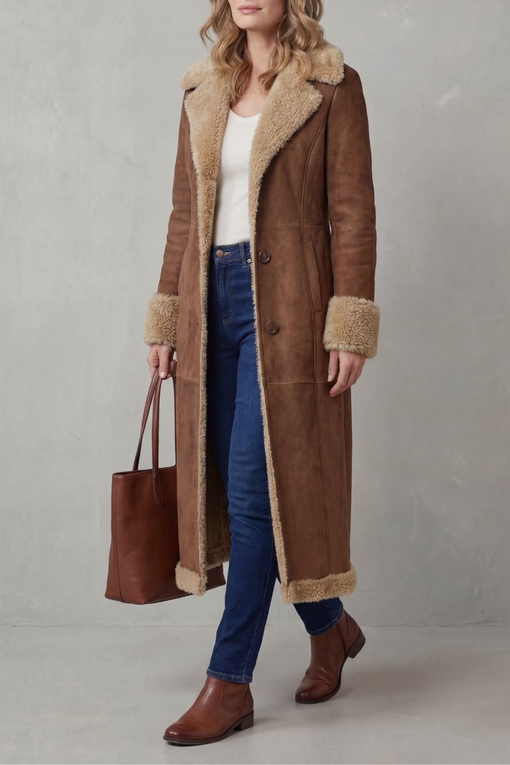 Women's Shearling-Lined Long Winter Coat Notch Lapel Button-Front