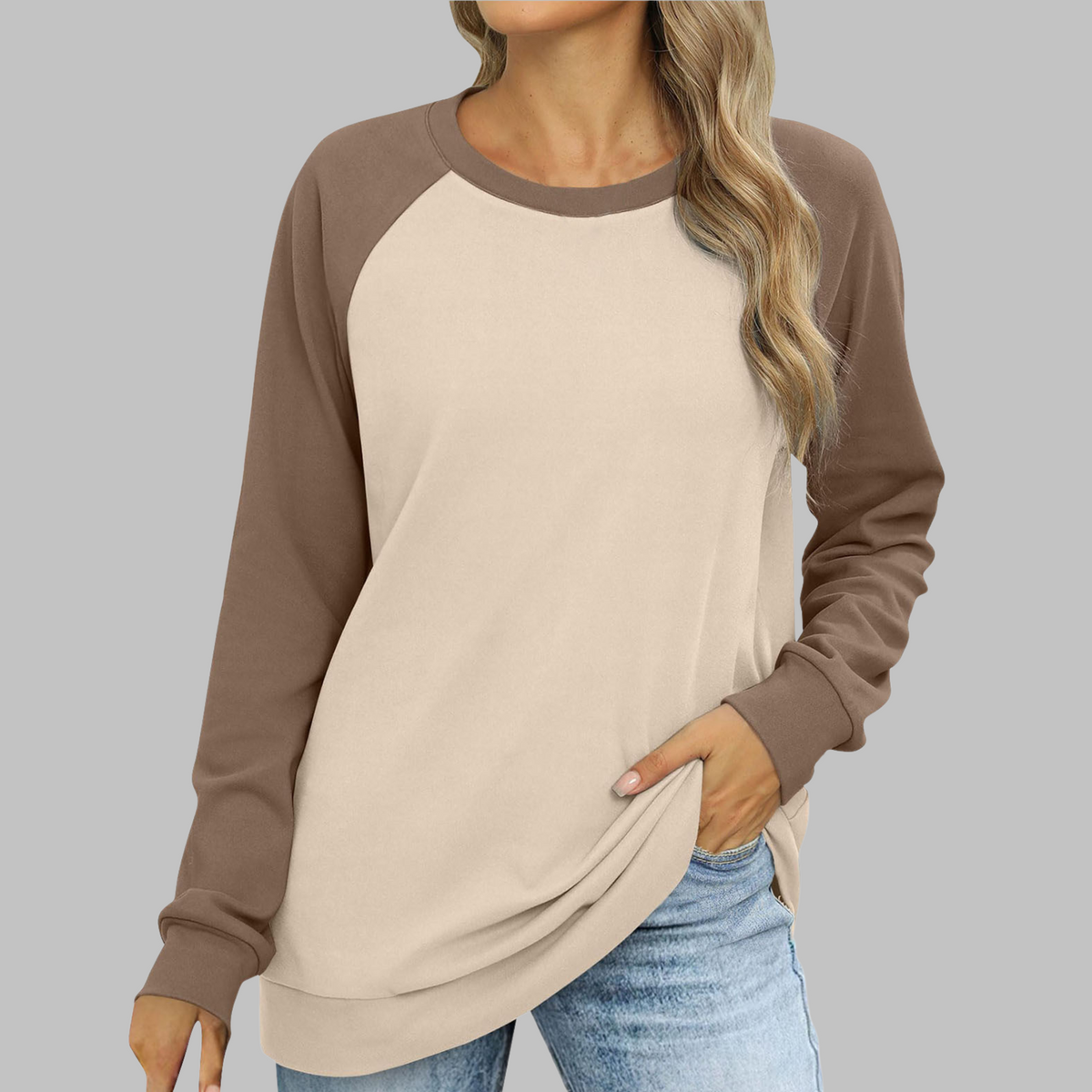 Women's Raglan Crewneck Sweatshirt Color Block Long Sleeve Pullover Casual Top