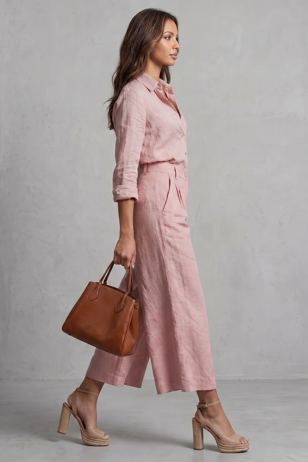 Women's Wide-Leg Co-Ord Set Pink Linen Long Sleeve Button-Up Shirt Culottes