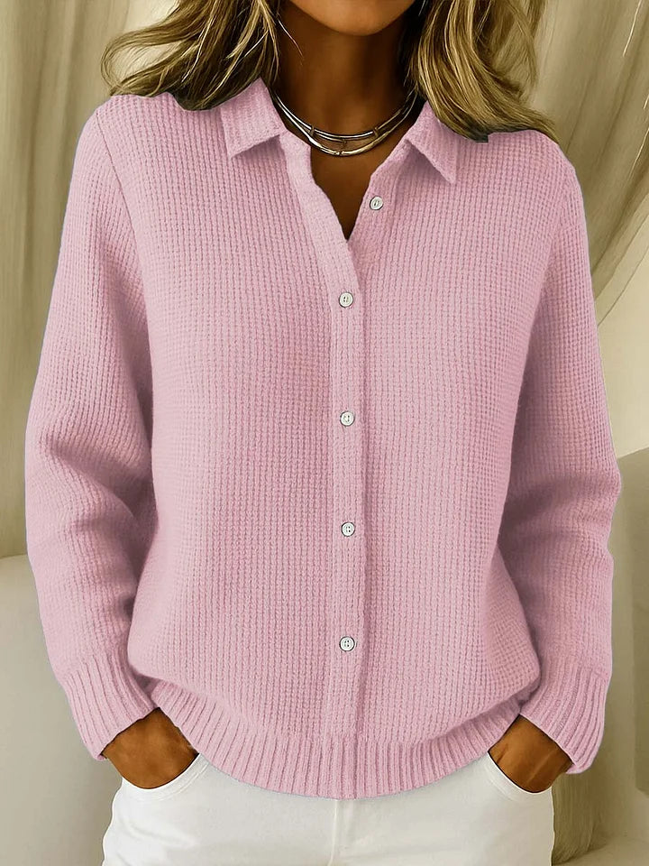 Women's Waffle Knit Button-Down Shirt V-Neck Long Sleeve Collared Casual Top
