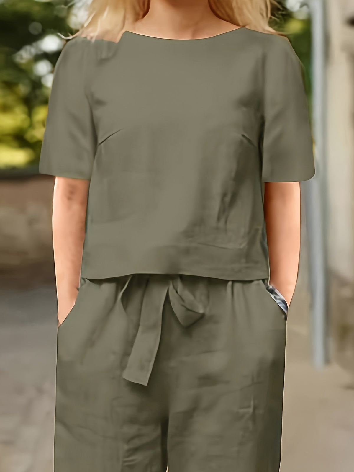 Women's 2-Piece Set Round Neck Short Sleeve Top Tie Waist Wide Leg Pants Casual