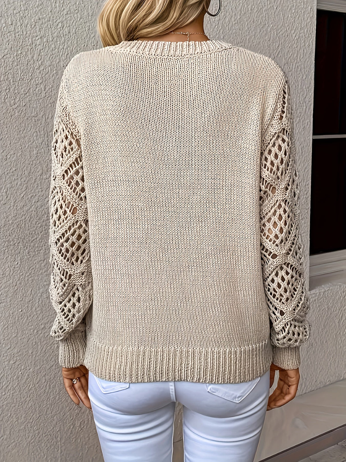 Women's V-Neck Pullover Sweater Crochet Sleeve Long Sleeve Knit Casual