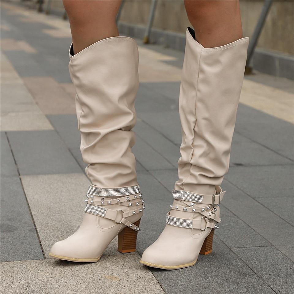 Women's Slouch Knee High Boots Studded Strap Buckle Block Heel Western