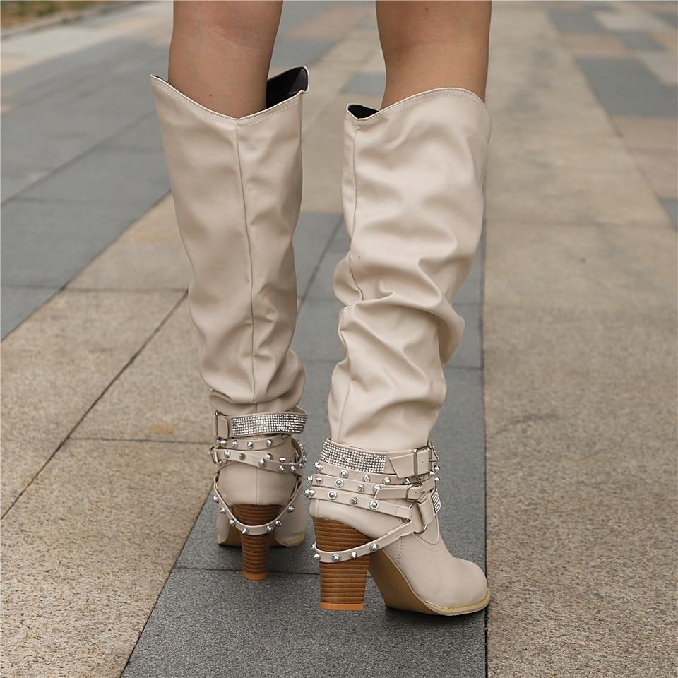 Women's Slouch Knee High Boots Studded Strap Buckle Block Heel Western
