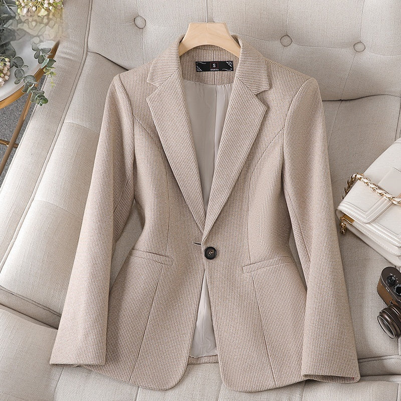 Women's Houndstooth Blazer Long Sleeve Single Button Slim Fit Autumn Jacket