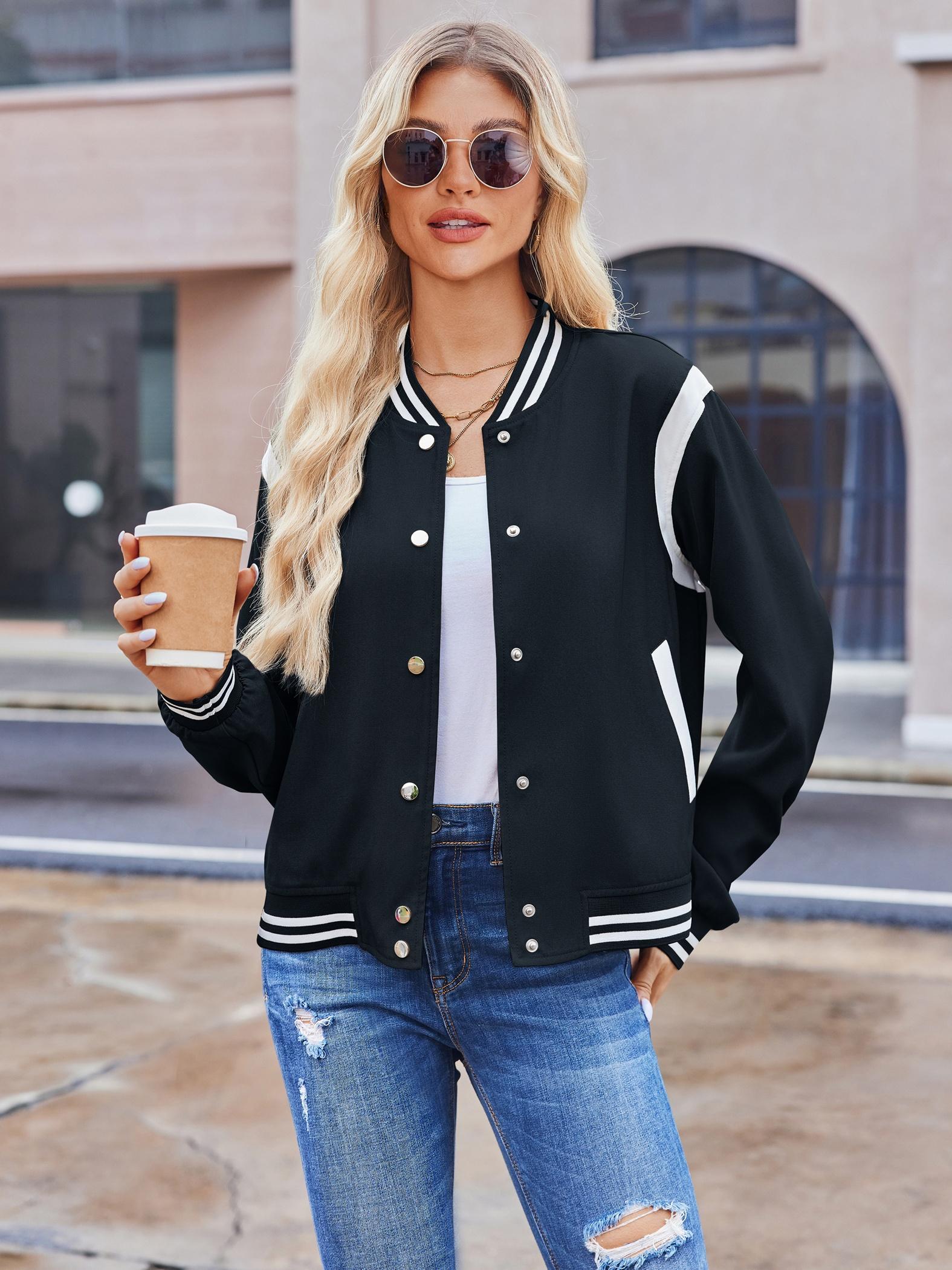 Women's Bomber Jacket Contrast Stripe Varsity Stand Collar Snap Button Casual Wear