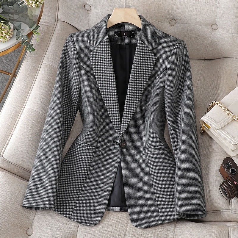 Women's Houndstooth Blazer Long Sleeve Single Button Slim Fit Autumn Jacket