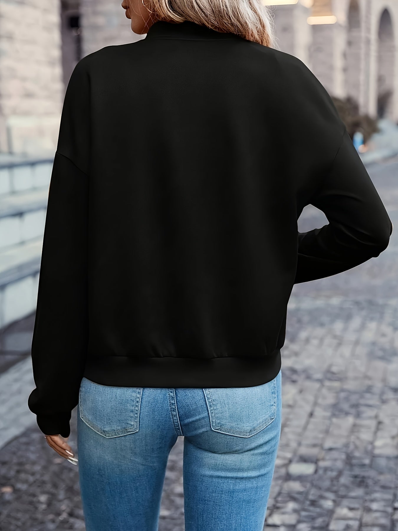 Women's Bomber Jacket Solid Black Zip-Up Stand Collar Long Sleeve Pocket Casual Outerwear