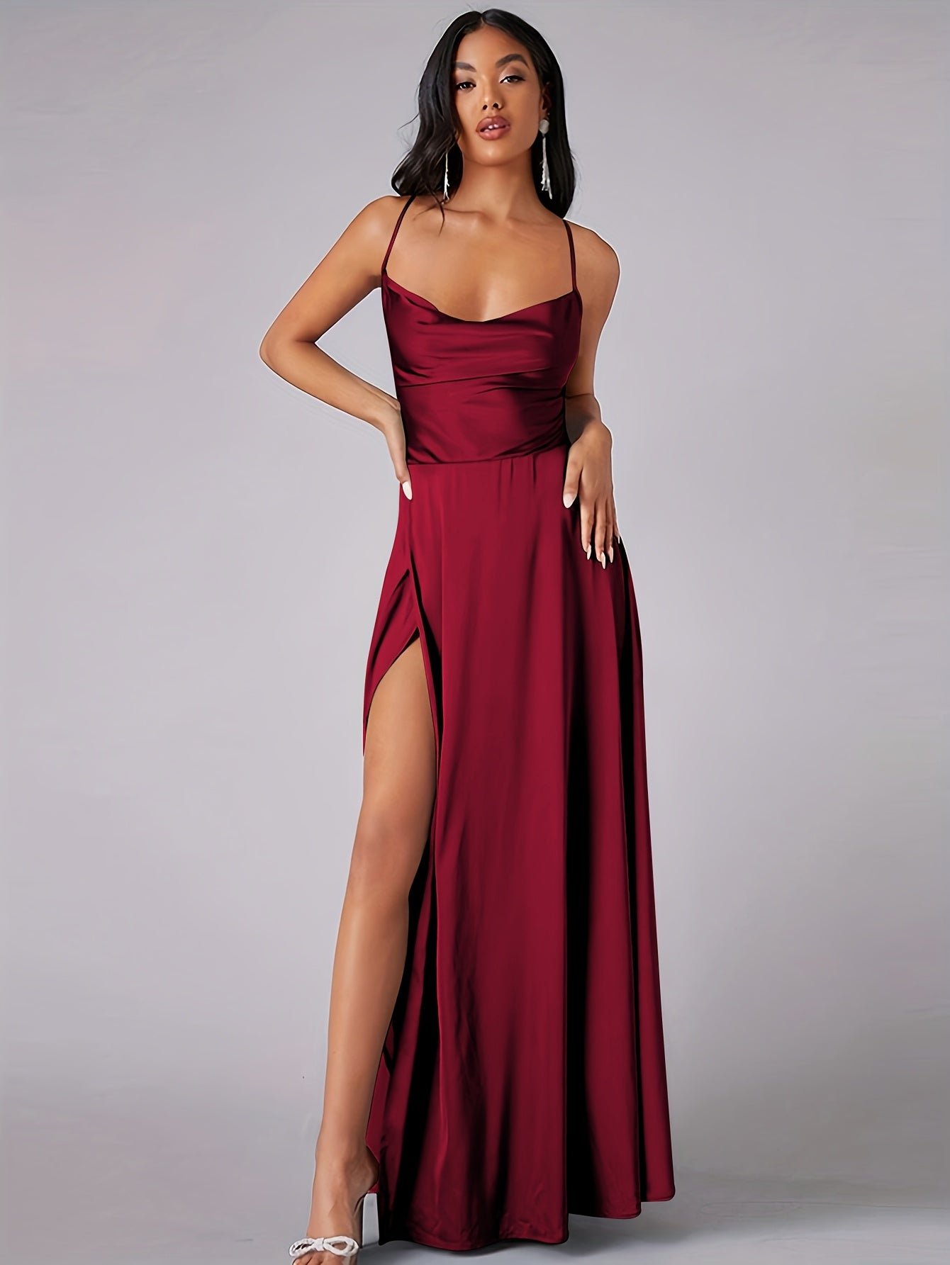 Women's Backless Maxi Dress Cowl Neck Spaghetti Strap Side Split Lace-Up Party Evening Gown