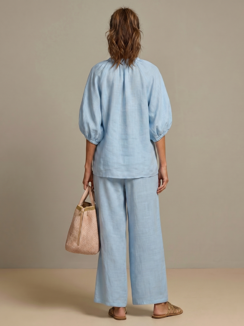 Women's Zip Front Blouson Top Wide Leg Pants Set Light Blue 3/4 Sleeve Casual