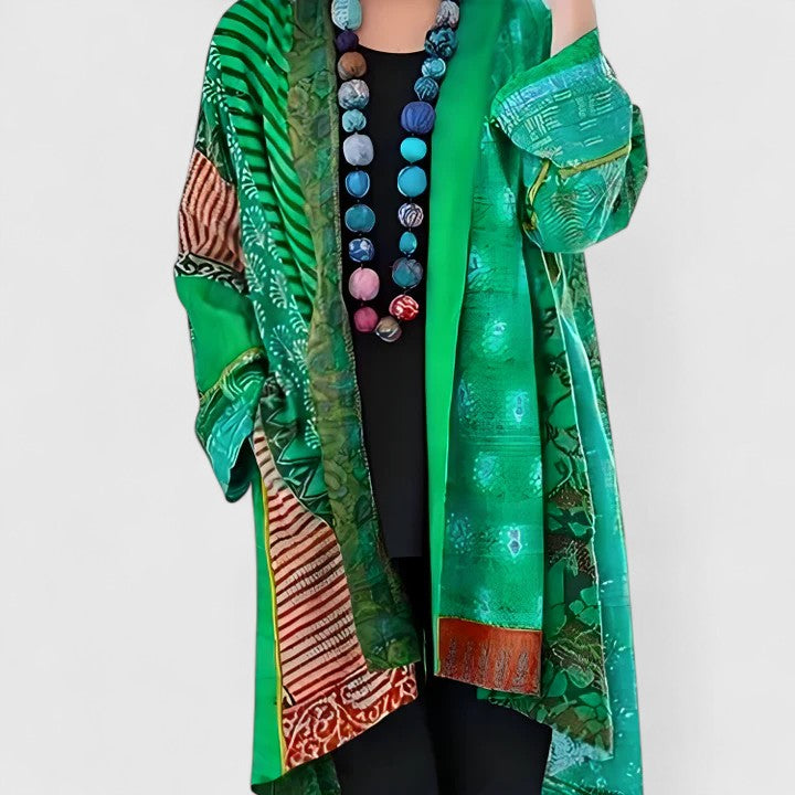 Women's Open Front Cardigan Long Sleeve Patchwork Print Draped Casual Kimono