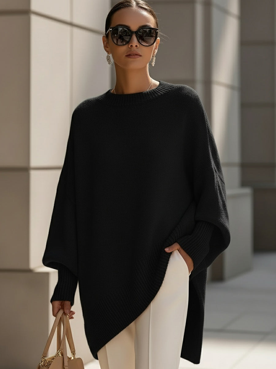 Women's Oversized Knit Sweater Batwing Sleeve Crew Neck Asymmetric Hem Casual