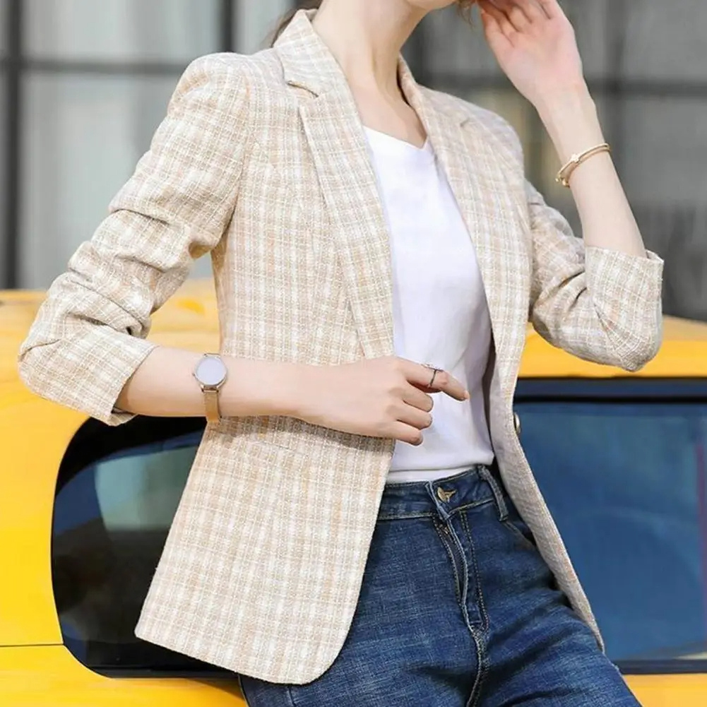 Women's Plaid Blazer Single-Button Notched Lapel Long Sleeve Slim Fit Office Jacket