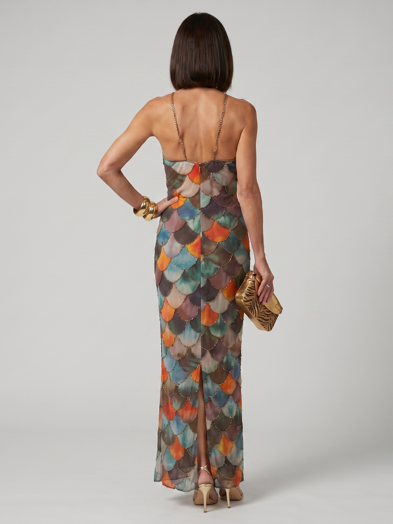 Women's Halter Neck Maxi Dress Multicolor Scale Print Fitted Backless Evening Gown