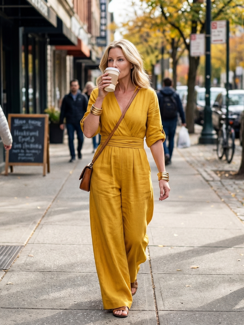 Women's Cross Front Wide Leg Jumpsuit V-Neck Rolled Sleeve Belted Casual