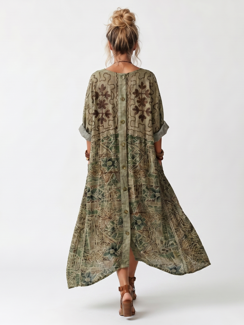 Women's Embroidered Midi Dress V-Neck Button Front Pocket Boho Floral Olive Green