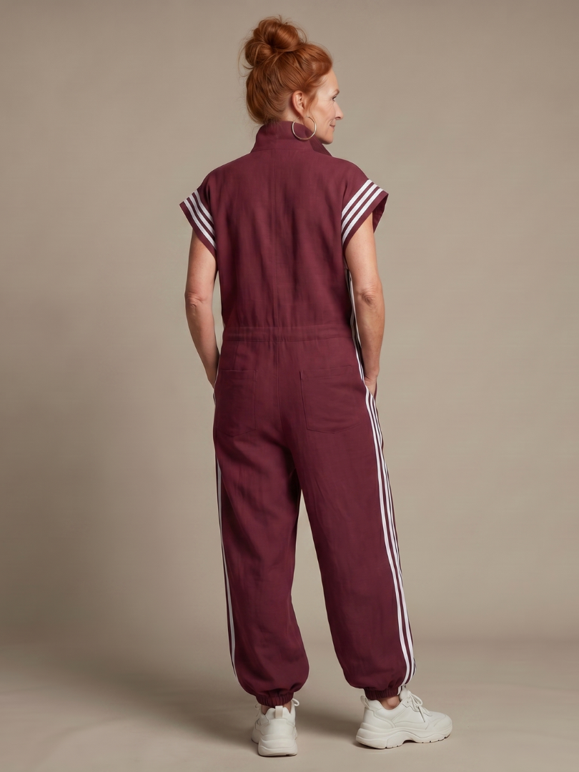 Women's Zip Front Jumpsuit Stripe Panel Sleeveless High Neck Casual