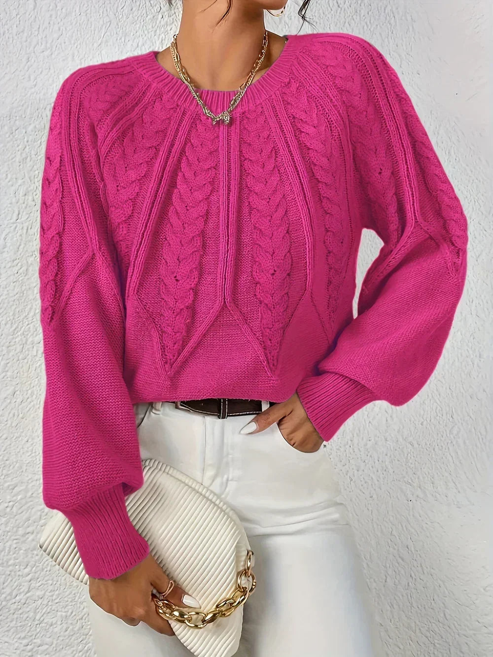 Women's Cable Knit Sweater Round Neck Long Sleeve Raglan Pullover Casual
